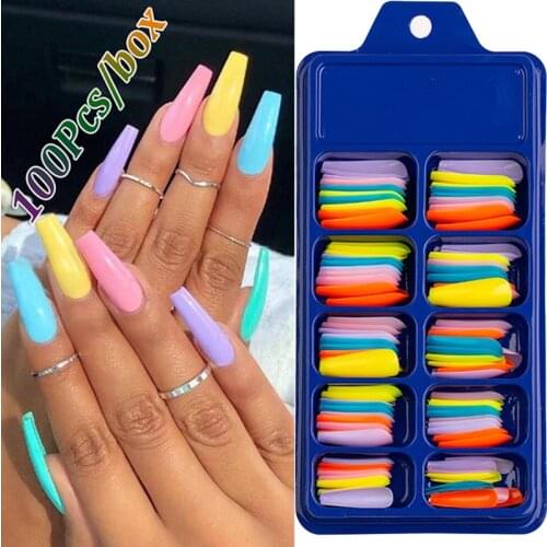 100 Pieces/set Fake Nails Full Cover Detachable Candy Color Ballerina False Nails Wearable Fake Nails Nail Tips Nail Decorations