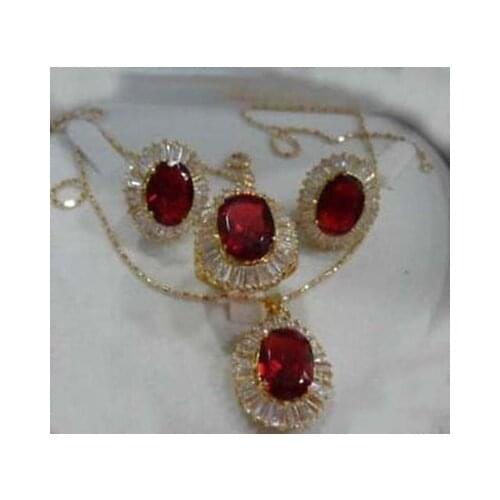 Women real latest design Nobility Lucky Women Charming Noblest Red Crystal necklace pendant earrings ring Set
