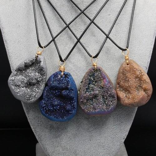 Natural Agates Spar Crystal Stone Leather Chains Pendant Necklace For Women Jewelry 30x50-35x55mm