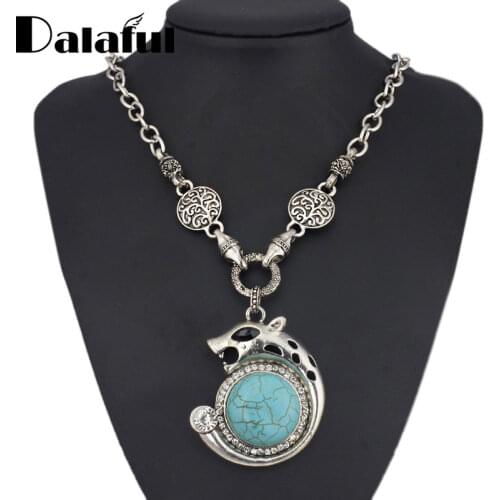 Leopard Round Created Crystal Carved Pattern Flower Antique Pendant Necklace Womens Trendy Jewelry X563