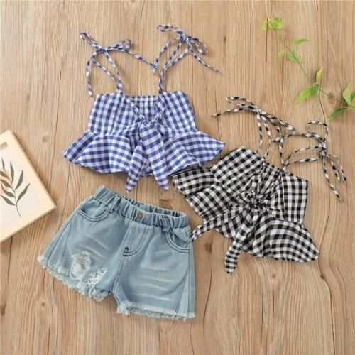 Stylish Baby Girls Casual Camisole + Denim Shorts, Bow Straps Ruffle Decoration Plaid Printing Summer Clothing Set, 1-6Years