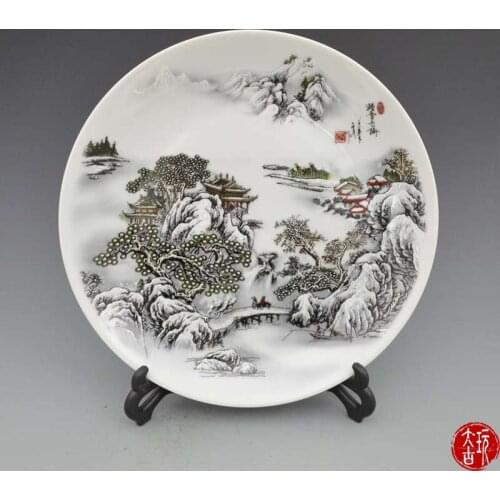 Rare old Chinese porcelain plate,Pastel,Snowy mountains in winter, Decoration /Collection/ crafts,Free shipping