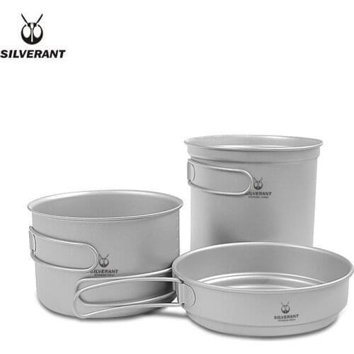 Silverant titanium camping cooking pots and pans stacking 3 piece set pot for outdoor single travel with folding handle