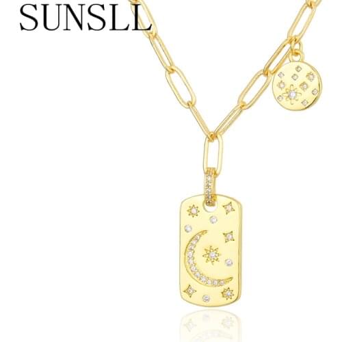 SUNSLL New arrival Copper necklace white cubic zircon Star and moon tag necklace for women fashion party jewelry pendant gifts