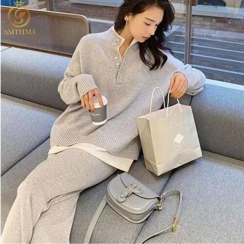 Vintage Chic Hot Style Knitted Sportswear Two-Piece Suit 2021 Autumn And Winter New Fashion Loose Sweater Wide-Leg Pants Sets