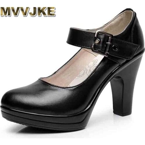MVVJKE 2018 Spring Autumn Round Toe Ankle Strap Pumps Genuine Leather Platform High Heels Work Shoes Woman E164
