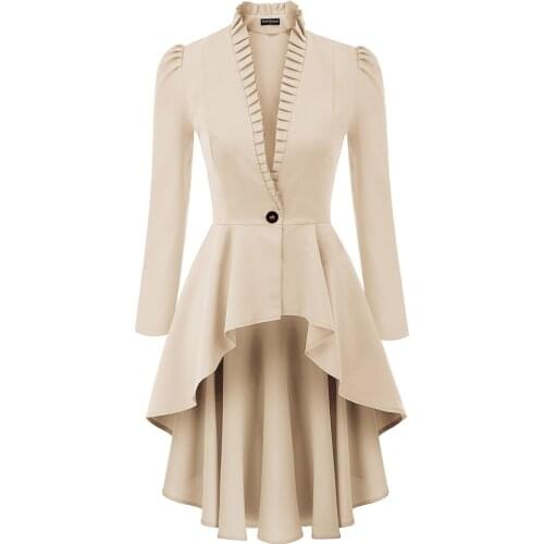 Long Coats For Women High-Low Hem Coat Steampunk Long Puff Sleeve Stand Collar V-Neck Elegant Club Party Eevning Casual Tops New