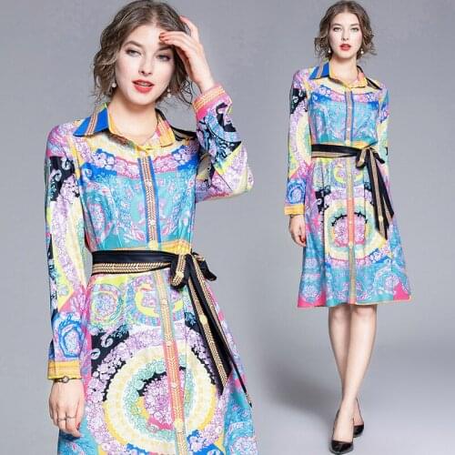 2019 Summer Fall Runway Vintage Floral Baroque Print Collar Belt Sash Long Sleeve Women Casual Party A-Line Midi Shirt Dress