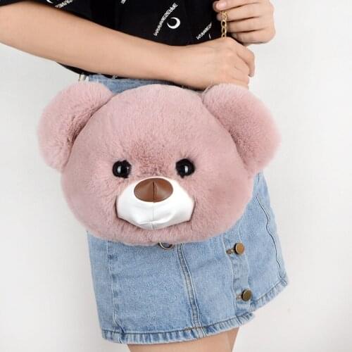 2021 Women Plush Panda head hairy bag female plush cute chain shoulder messenger bag bear head bag