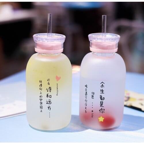 450ml Matte Glass Sippy Bottle Cute Double Lids Straw Cup for Milk Tea Juice Student Portable Water Bottles Summer Drinkware