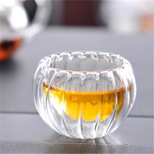6pcs/Lot 50ml Double Wall Clear Glass Kongfu Tea Mug Set,Pumpkin Shape Mug, heat-resistant Double Wall Glass Teacup