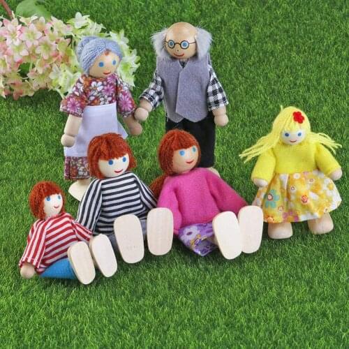 7pcs Happy Doll Family Wooden Joint Puppet Maumet Including Grandparents for Kids Fun Role Playing