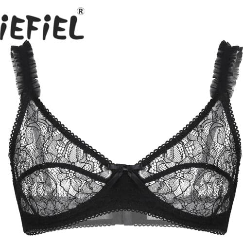 IEFiEL Mens Sissy Bra Tops See Through Sheer Floral Lace Lingerie Adjustable Spaghetti Straps Wire-free No Padded Bralette Bra