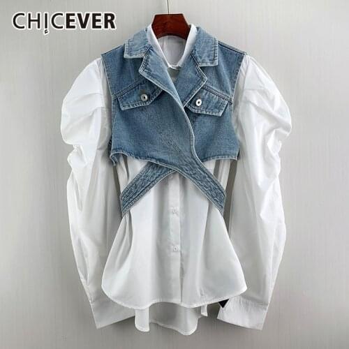 CHICEVER Elegant Two Piece Set For Women Lapel Long Sleeve White Shirt Cross Hollow Out Denim Coat Casual Sets Female 2021 Style