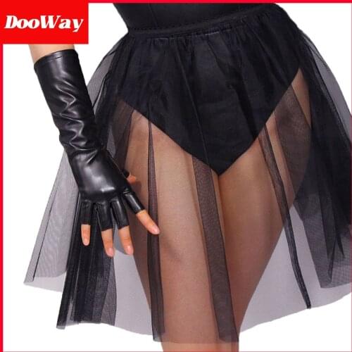 DooWay Long Faux Leather Half Finger Gloves Shiny Black Wrist 11inch PU Fingerless Gloves for Motorcycle Driving Halloween Party