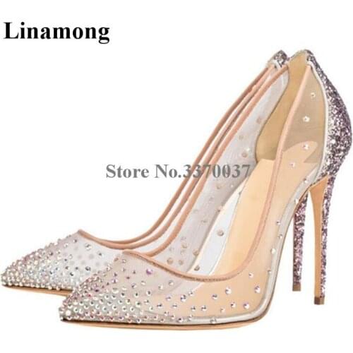 Brand Design Women Fashion Pointed Toe Mesh Rhinestone Thin Heel Pumps Sequined Crystal High Heels Wedding Dress Shoes