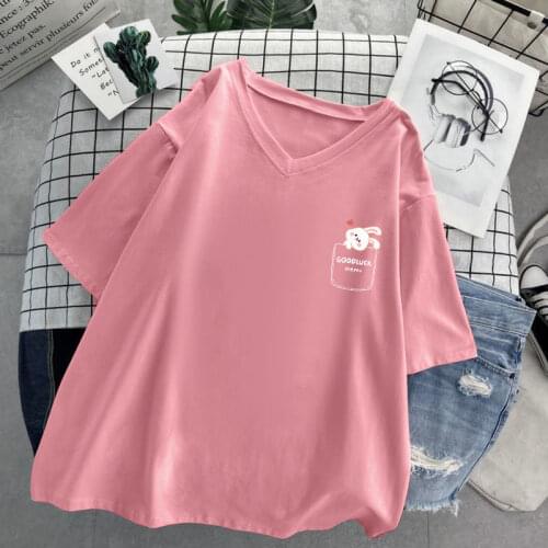 Cotton V-neck T-Shirts Cartoon Casual Woman Tshirt Korean Style Trend Short Sleeve Tops Harajuku Kawaii Tshirt for Women