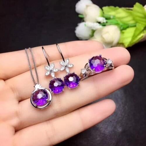Clear purple amethyst ring earrings and necklace jewelry set for women with 925 silver 4