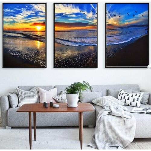 Creative Sunset Landscape Blue Sea Sky Nordic Landscape Canvas Painting Seagull Waves Beach Art Poster Living Room Decor Seabird