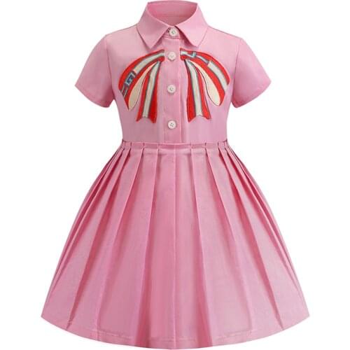 Girls Summer Short Sleeve Dress Bowknot Party Dress For Girl Kids Princess Button Shirt Dress Teenage School Costume Summer