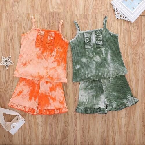 18M-6Y Girls Summer Two Piece Set Fashion Tie-dye Printed Button Suspender Tops and Ruffles Short Pants 2PCS Outfits