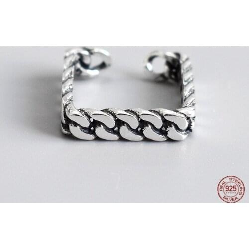 LKO 925 Sterling Silver Punk Vintage Chain Square Rings Fashion Opening Adjustable Ring For Cool Girls Party Jewelry Ornaments