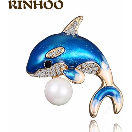 Cute Design Rhinestone Blue Color Dolphin Brooches For Women Pearl Animal Fish Brooch 2021 New Jewelry High Quality Gift