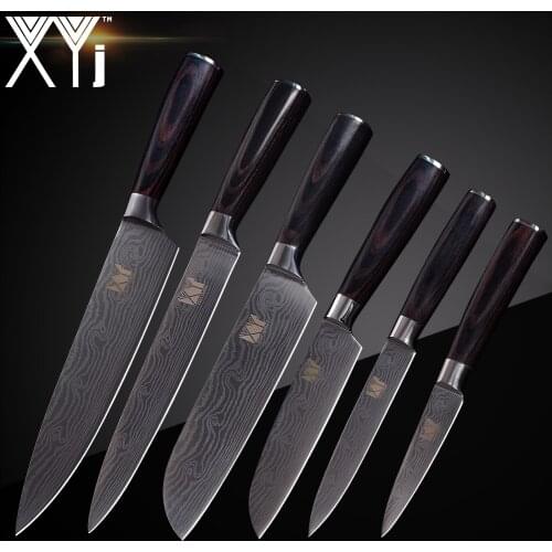 XYj High Grade Stainless Steel Knife Set Color Wood Handle Damascus Pattern Sharp Blade Kitchen Knife Accessories Cooking Tools