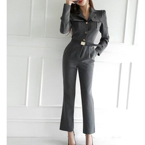New Fashion Female Overalls Notched Collar Office Blazer Jumpsuits Women Long Sleeve Single Breasted Pocket Belt Knot Jumpsuits