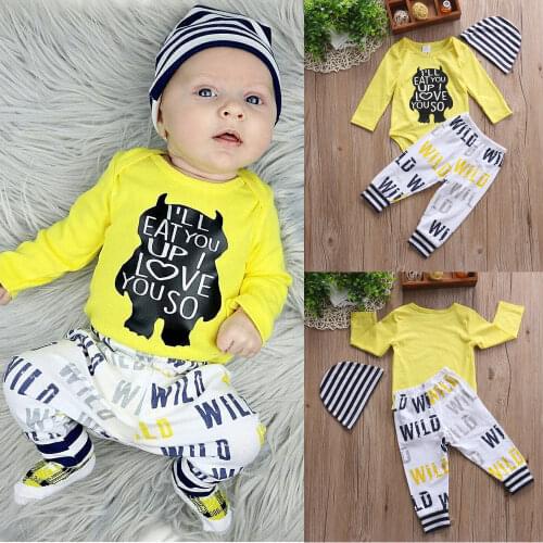 Baby boy girl clothes outfit letter print I'll Eat You Up I Love You So Tops romper + Wild Pants+HAT 3 Pcs Sets