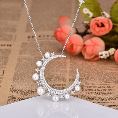 Silver color big moon pendant necklace cz moon star crescent moon pendant with pearl elegance 2018 Christmas design