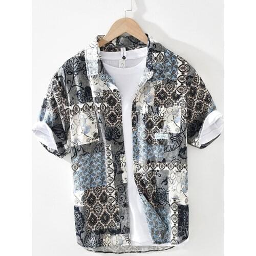 Print Short Sleeve Shirt for Men Summer New Japanese Fashion Turn-down Collar Tops Male Thin Slim Fit Button Up Retro Clothes