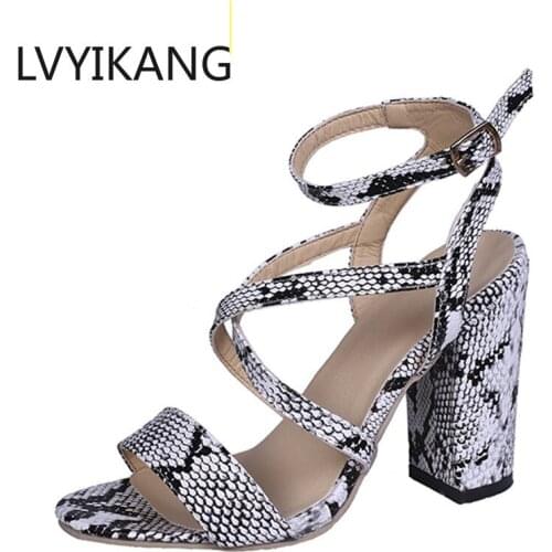 NEW Women Summer Sandals Open Toe Snake High heel Shoes Woman Ankle Strap Ladies Chunky High Heels Pumps Chaussure Snake