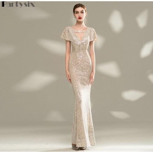 Partysix Unique Evening Dresses Mermaid Cap Sleeves Long Evening Gown Elegant Glitter Open V Back Formal Party Dress Fitted