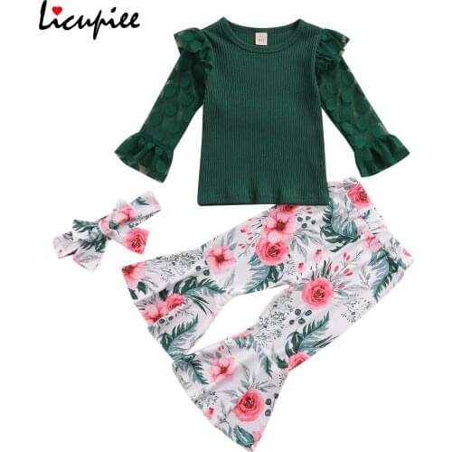 1-5 Years Baby Girls Clothes Set, Solid Color Long Mesh Sleeve O-neck T-shirt+floral Print Flared Trousers+headband