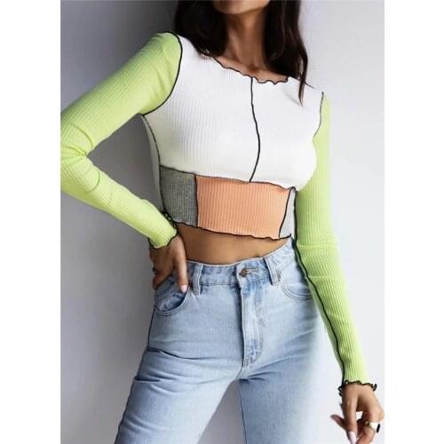 Womens Casual Long Sleeve Top Fashion Wild Patchwork Round Neck T-Shirt Ladies Slim Short Top for Leisure Daily Streetwear
