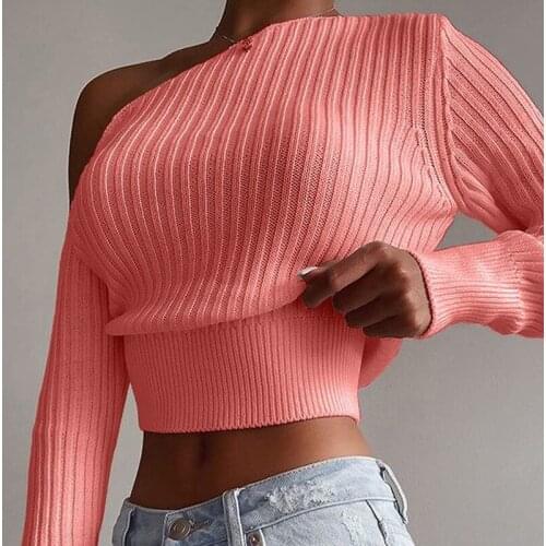 2021 Spring Sexy Off Shoulder Sweater Tops Women Elegant Solid Long Sleeve Knitted Pullovers Ladies Fashion Casual Short Sweater