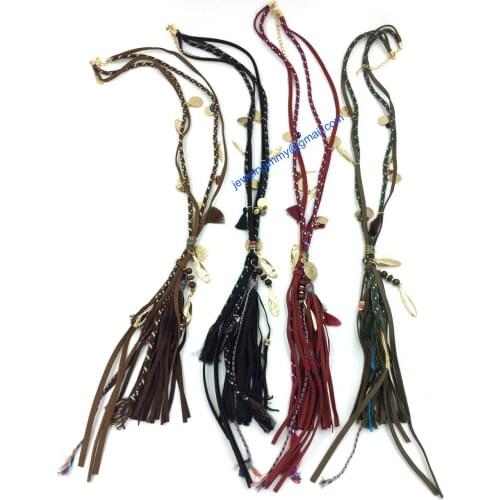 New Bohemian Leather Tassel Long Vintage Coin Charm Leather Necklace Bib Lady Dress Sweat Necklace Collares Largos Etnicos Mujer