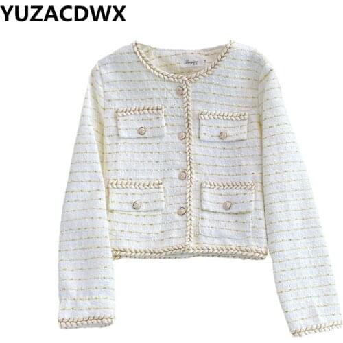YUZACDWX Brand Autumn Women Coat High Quality Fashion Twisted Edging Gold Thread Decorative Striped Tweed Short Jackets Winter