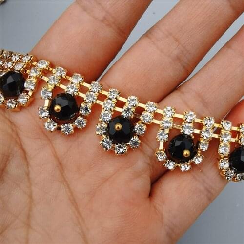 Gold Silve Rhinestone Crystal Chain Gemstone Black Glass Collar Trim Wedding Dress Necklace Decoration 17mm width