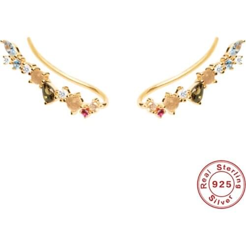 GS 925 Sterling Silver Gold Flower Rattan Stud Earrings For Women Colorful Rainbow Zircon Ear Climber Earring Fine Jewelry