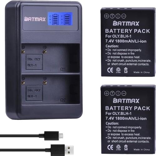 Batmax 2Pcs 1800mAh BLH-1 BLH1 Camera Batteries Accu + LCD Dual USB Charger for Olympus EM1-2 EM1 Mark 2 Cameras