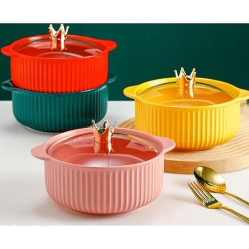 Binaural Ceramic Noodle Bowl Hotel Western Restaurant Striped Soup Bowl Instant Noodle Bowl With Lid Double Ear Anti-slip Bowl