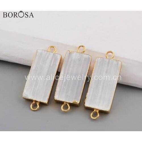 BOROSA 10PCS Gold Plating Rectangle Transparent Selenite Stones Connectors Natural Selenite Women Necklaces Boho Bracelets G1764