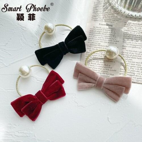 Boutique 15pcs Fashion Cute Velvet Bow Elastic Hair Bands Pearl Bead Bowknot Hair Ties Princess Headwear Girls Hair Accessories