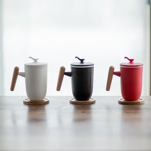 Filtered Tea Cup Coffee Tea Milk Mug Home Ceramic Water Cup with Cover Lid and Tea Tray Filter Office Restaurant Teahouse 450ml