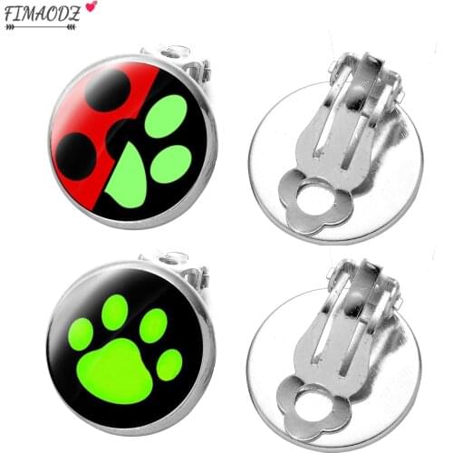 FIMAODZ Anime Earrings Clip On Cartoon Cute Animal Dog Cat Noir Paw Print Glass Earring for Kids Girls Gift Ear Clip Jewelry