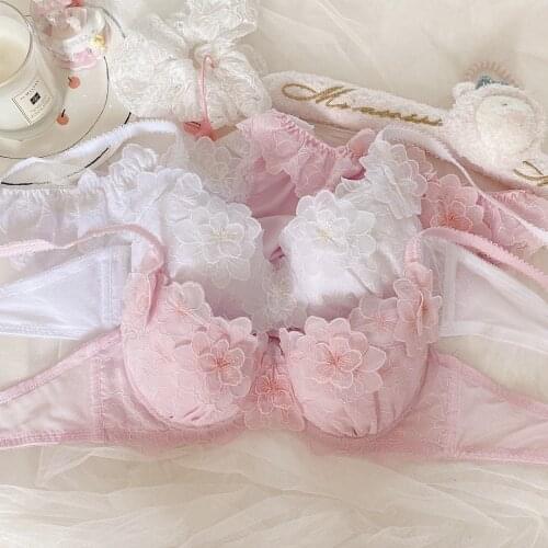 3D Sakura Flower Embroidery Japanese Bra & Panties Set Thin Underwire Soft Underwear Intimates Set Kawaii Lolita Fairy Kei