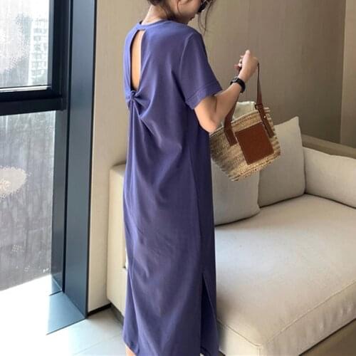 Korean T Shirt Dresses for Women Summer Beach Sexy Back hollow Side split Casual dress Party cotton Comfortable Long solid Dress