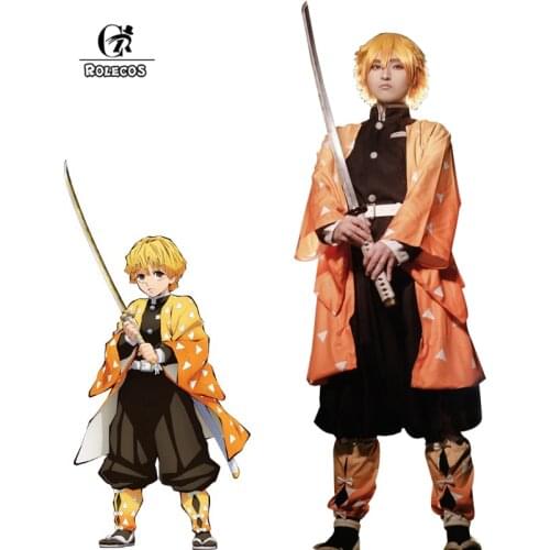 ROLECOS Anime Costume Kimetsu no Yaiba Cosplay Demon Slayer Agatsuma Zenitsu Cosplay Costume Men Kimono Halloween Costume